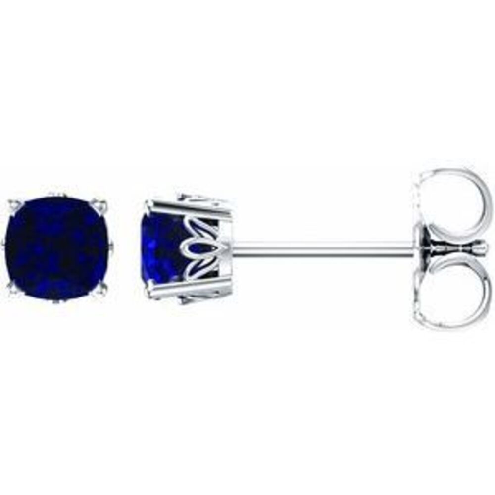 14k White 6x6 Mm Cushion Lab-Grown Blue Sapphire Earrings